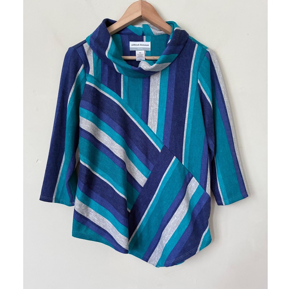 Alfred Dunner Petite PM Teal Navy Striped Cowl Neck Retro Y2K Top 3/4 Sleeve
